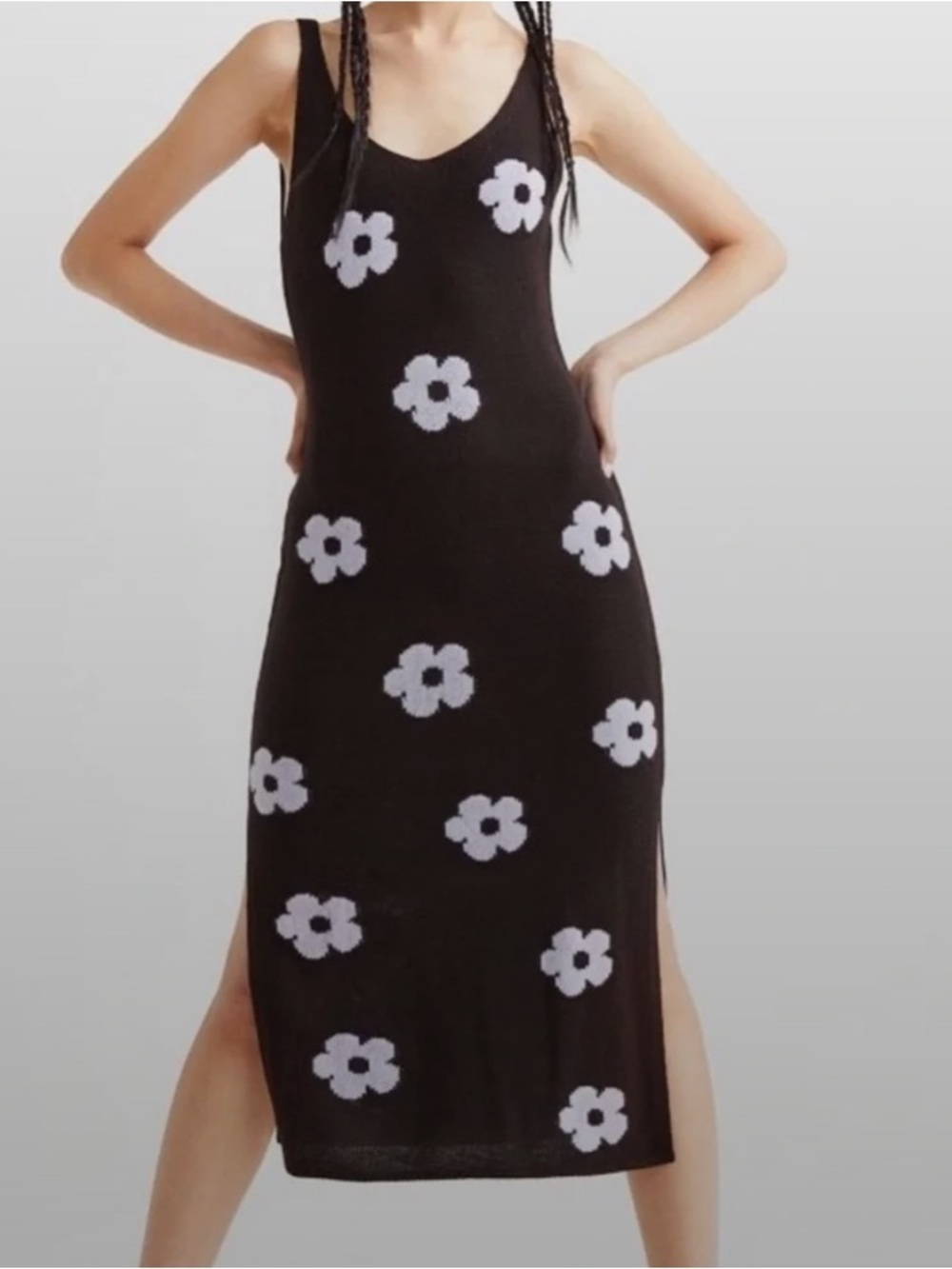 H&M Divided Black Floral Knit Tank Dress - Black with Lilac flowers - Size XXL
